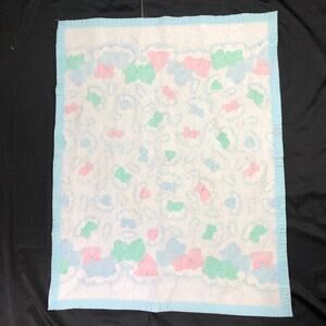 Vintage Cuddle Time Baby Blanket Sleeping Teddy Bear Cloud Pastel Blue Trim
